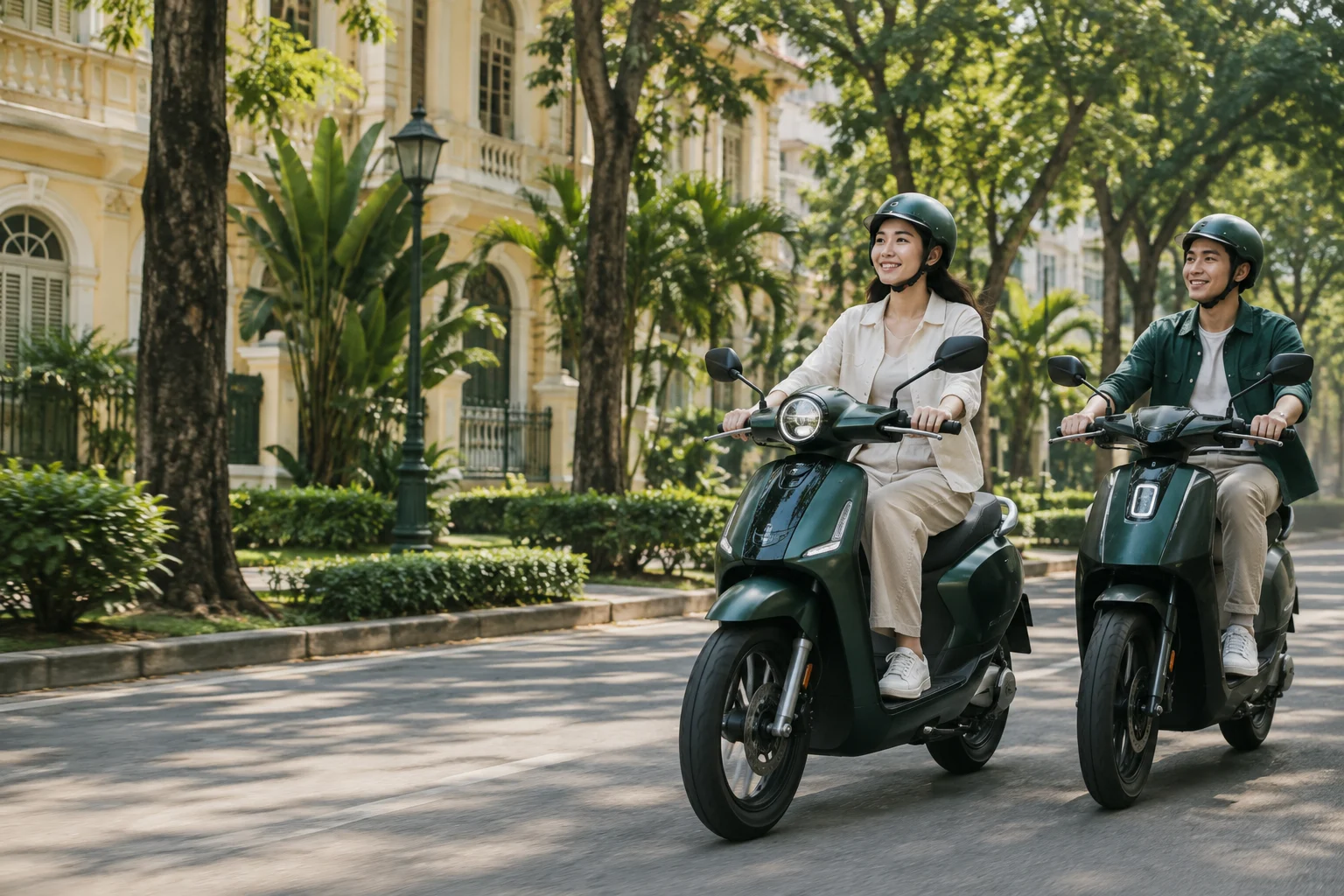 Concept image of helmeted riders on green electric motorcycles in a Vietnamese neighbourhood